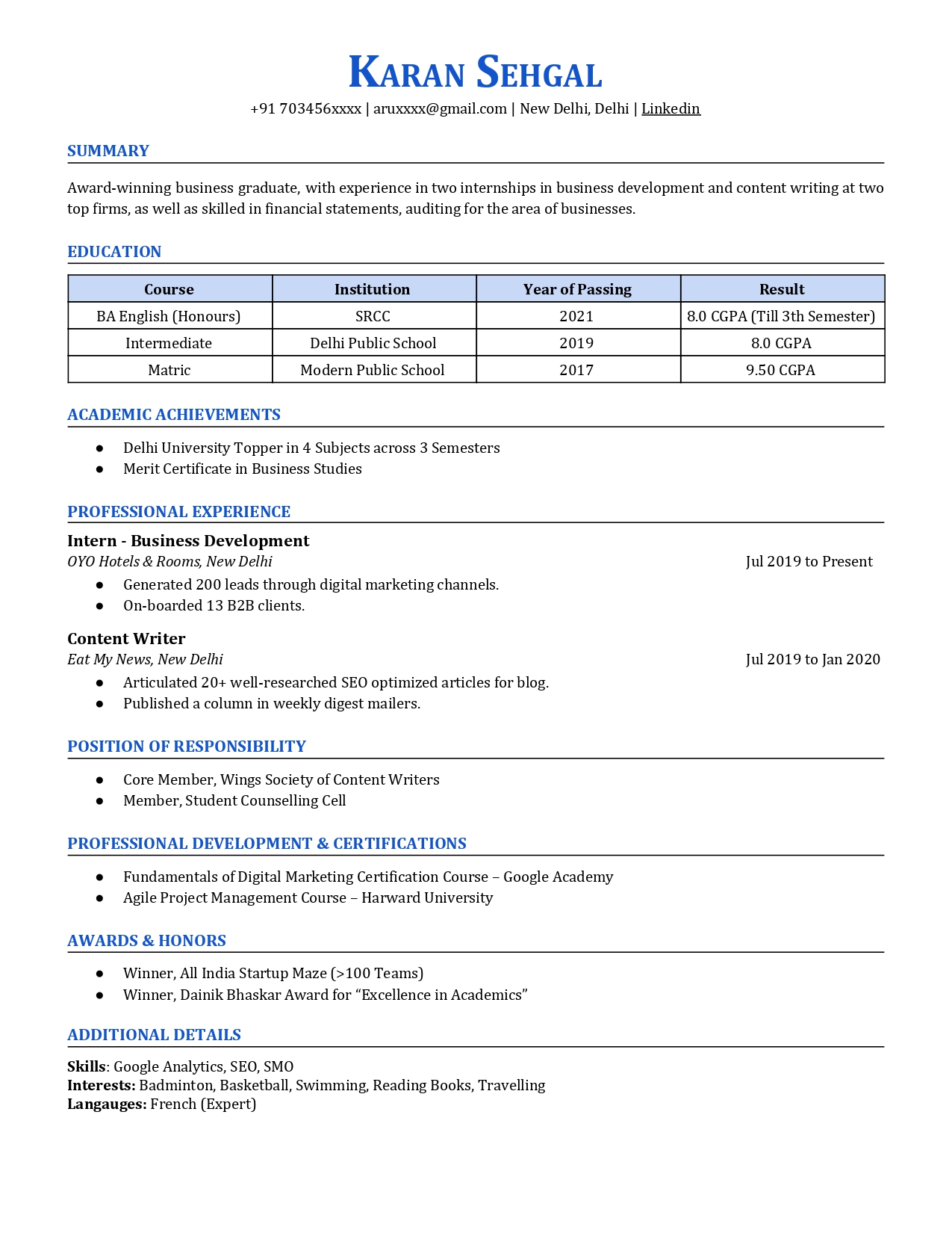 Graduate Cv Sample