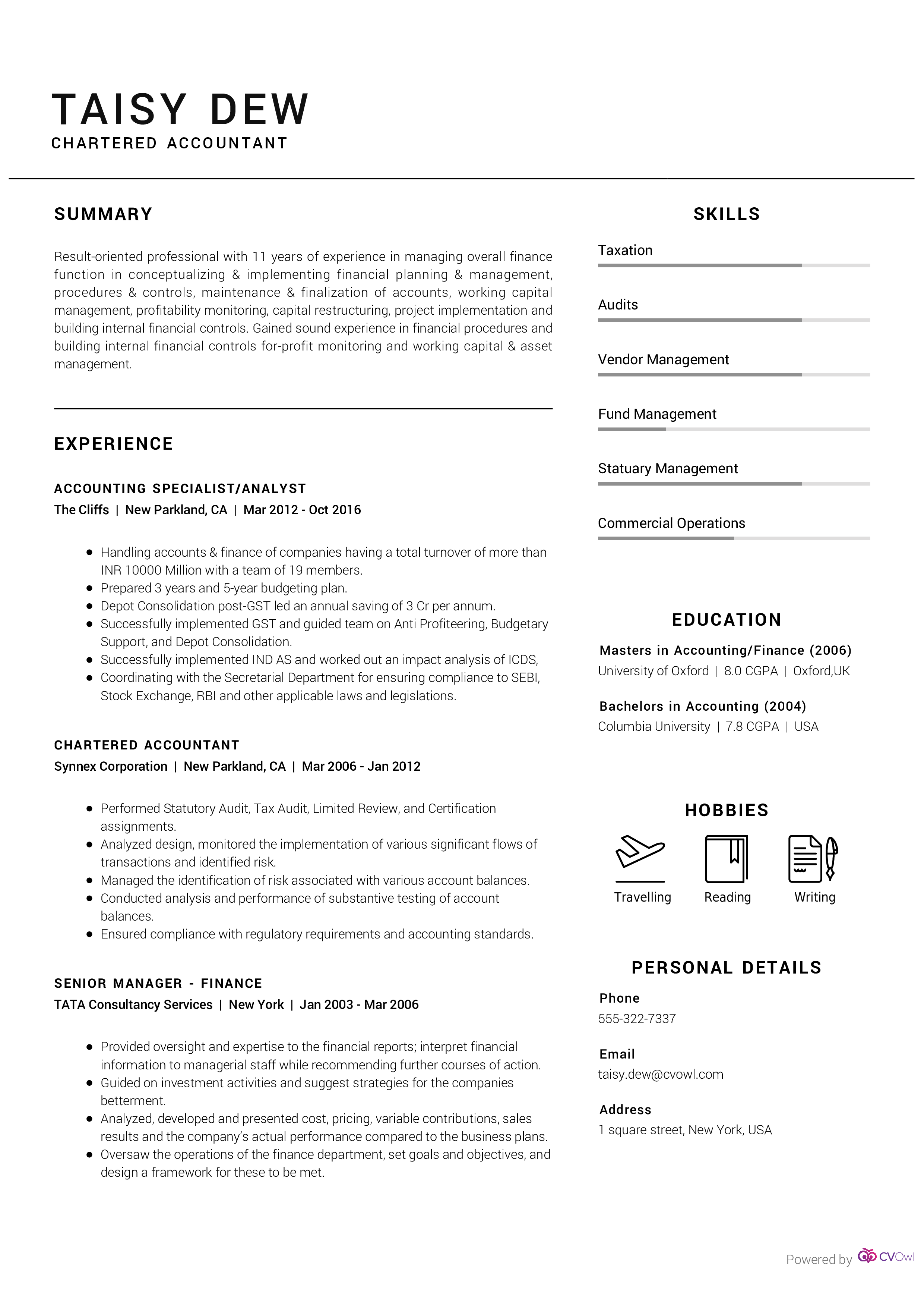 Best Chartered Accountant Resume Sample, Chartered Accountant Example, Online Resume Builder