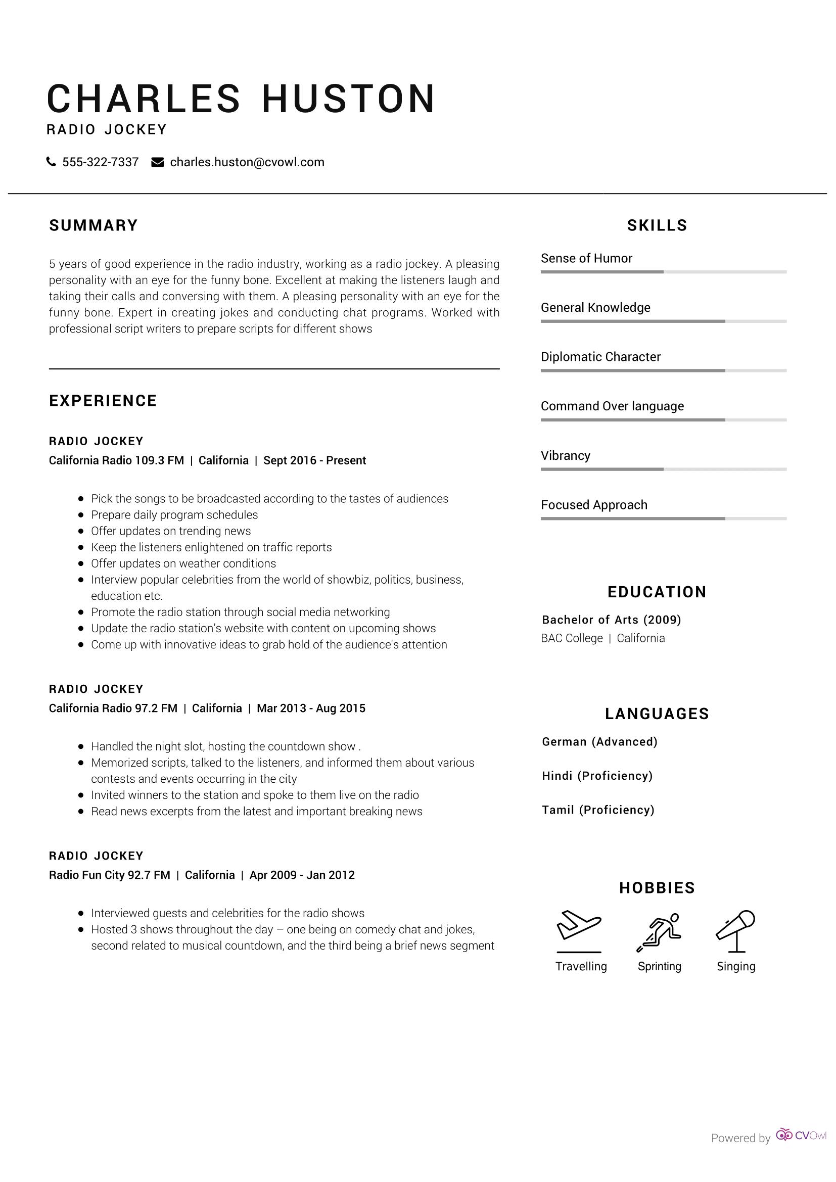 Best Radio Jockey Resume Sample, Radio Jockey Example, Online Resume Builder